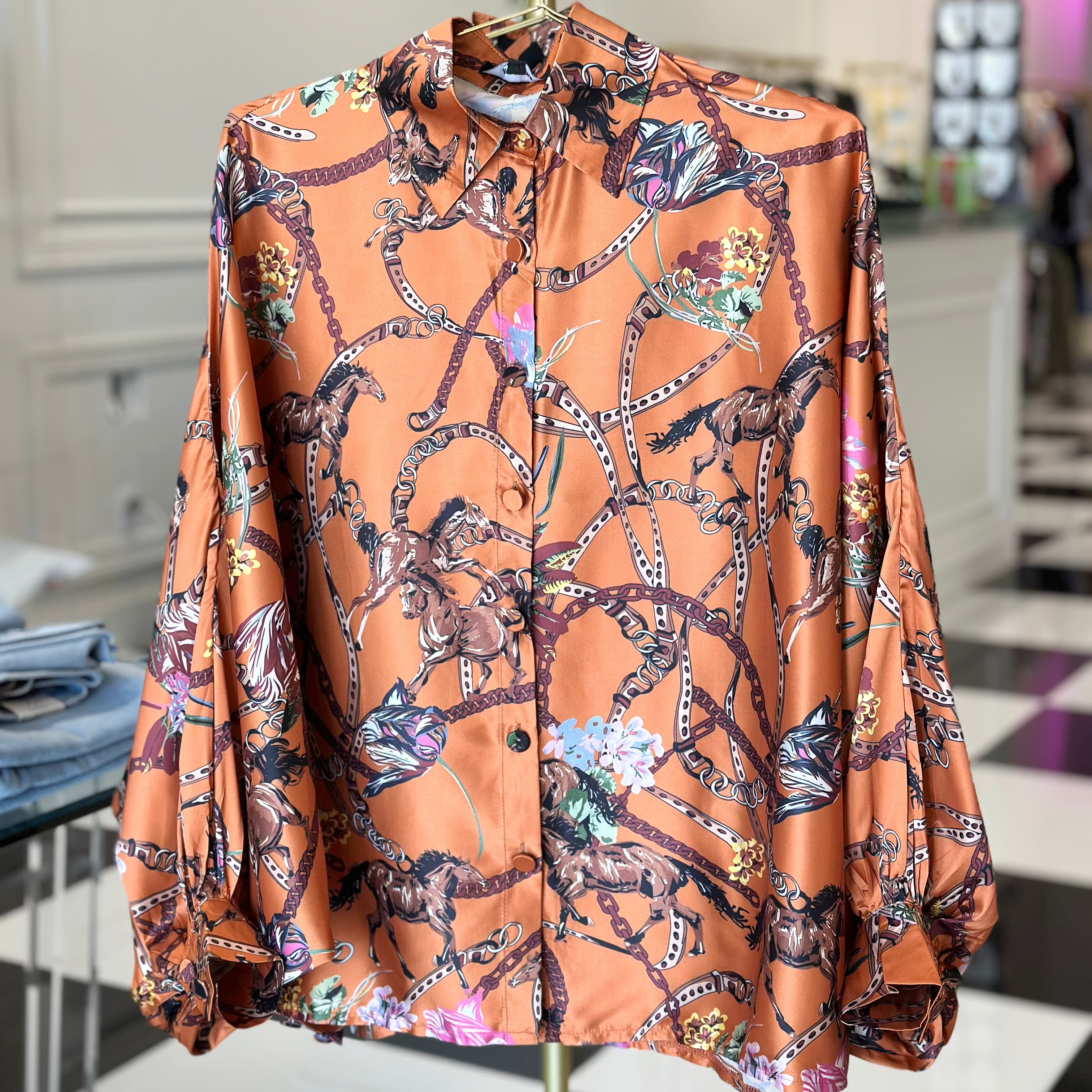 Draped Equestrian Motif Satin Blouse